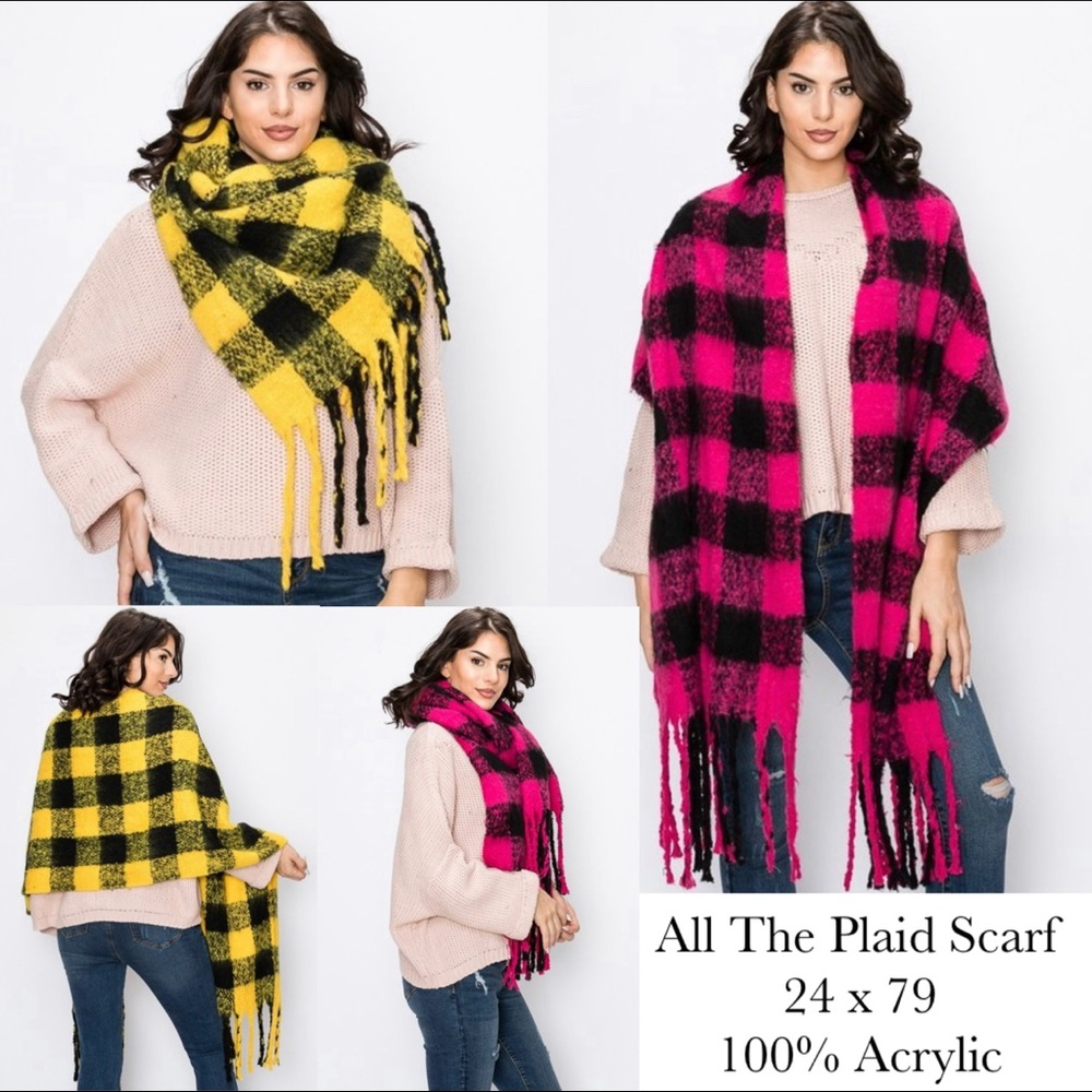 Yellow Black Plaid Scarf With Fringe